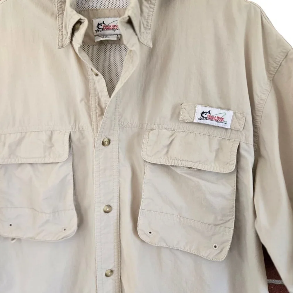 World Wide Sportsman Fishing Shirt Nylon Mesh Beige Short Sleeve Vented Size L - Picture 6 of 11